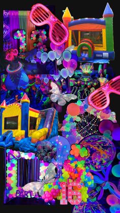 an assortment of toys and balloons are shown in this image, with the background black