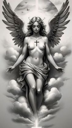 a drawing of a woman with angel wings on her body and cross in the background