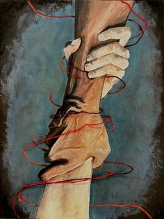 a painting of two hands holding each other with red string coming from them to the ground