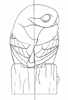 a drawing of an owl sitting on top of a tree stump with the lines drawn out