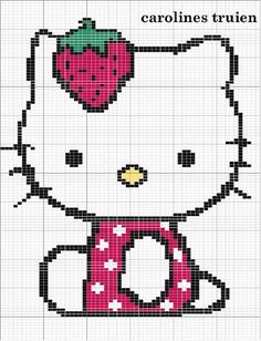 a cross stitch hello kitty with a strawberry on it's head and the words, `