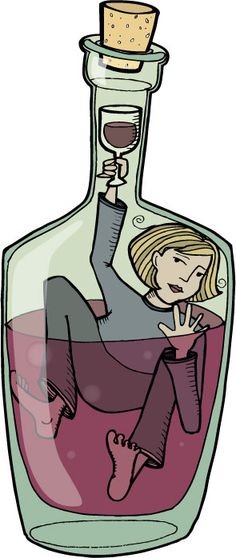 a woman floating in a bottle filled with liquid