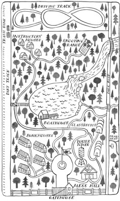 a map with trees and buildings on it