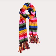 a multicolored scarf with fringes on the ends and two different colored stripes