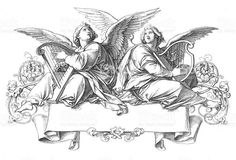 two angels sitting on top of a banner