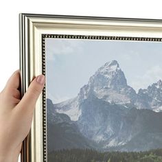 a hand is holding up a framed photograph with mountains in the background and trees on both sides