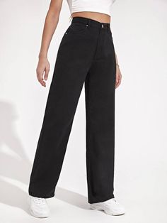 Straight Leg Pants 2022, Cheap Trendy Washed Black Jeans, Cheap Trendy Straight Leg Dress Pants, Cheap Solid High-rise Jeans, Cheap Straight Bottoms For Streetwear, Affordable High-waisted Jeans With Pockets, Casual Cheap Plain Pants, For School Casual Pants, Cheap Classic Bottoms For School