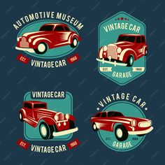 four vintage car badges with different colors and styles on them, including an old - fashioned red