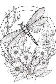 a dragonfly sitting on top of flowers in the middle of a circle with daisies