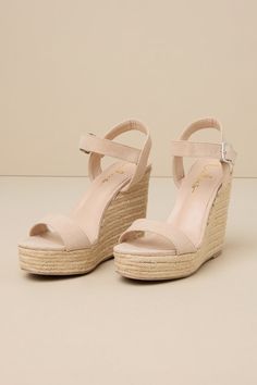 Seize the day and make it great in the Lulus Beachy Dreams Natural Suede Espadrille Wedges! Soft beige-colored suede shapes a fun peep-toe upper and matching quarter strap that secures with a silver buckle. Trendy espadrille details wrap around the 1.25"" toe platform and the sturdy wedge heel adding a beachy, relaxed vibe. 5" espadrille-wrapped wedge. Cushioned insole. Felted rubber sole has nonskid markings. Upper Material: Fabric. Sole Material: TPR. Imported. Lulus | Beachy Dreams Natural Su High Heel Suede Wedge Sandals For Summer, Beige Suede Open Toe Wedge Sandals, Adjustable Beige Summer Heels, Cream Suede Heels For Summer, Summer Suede Wedge Heels, Summer Beige Suede Heels, Beige Suede Heels For Summer, Beige Suede Wedge Sandals With Ankle Strap, Women Evolve