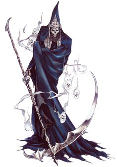 a drawing of a wizard with a staff and skull on it's head, holding two swords