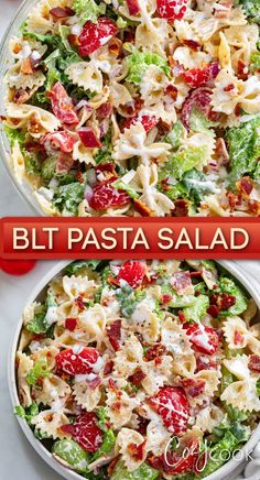 blt pasta salad with bow tie pasta, tomatoes, avocado, lettuce, and bacon Blt Salad Recipe, Bacon Pasta Salad, Blt Pasta Salad, Tomato Pasta Salad, Bacon Lettuce Tomato, Classic Pasta Salad, Avocado Pasta Salad, Blt Pasta, Blt Salad