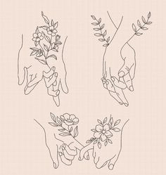 four hands holding flowers and touching each other