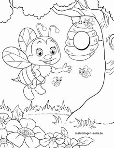 a cartoon bee flying through the air with flowers in the foreground and a tree behind it