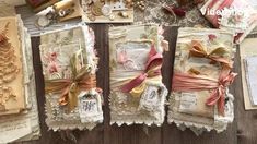 there are many cards that have been made with lace and ribbons on them, including bows