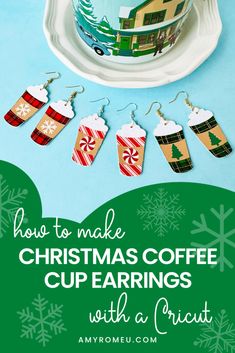 christmas coffee cup earrings with candy canes and snowflakes hanging from them on a plate