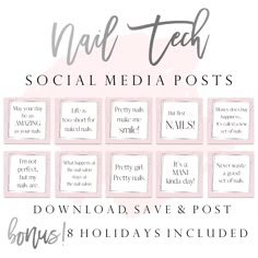 Gorgeous ready-to-use set of 86 Nail Tech Instagram Quotes Posts. *  I N C L U D E S  * * 43 JPG Quote Posts sized 1200X1200 * 31 Nail Related Quotes  * 3 Business Posts: On Vacation, Gift Certificates Available and Appointment Available - Book Now * 8 Holiday Posts *  H O W  I T  W O R K S  * * After your payment has been confirmed, you will receive an email with a download link. * Download your zip file from the Etsy Email or from your Etsy "Purchases & Reviews". * The zip file contains all qu Nails Page Name Ideas For Instagram, Bio For Nails Page, Nail Salon Quotes Marketing, Nail Tech Name Ideas Aesthetic, Nail Appointments Available Posts, Instagram Content Ideas Nails, Nail Tech Deals, Nail Tech Instagram Usernames, Bio For Nail Artist