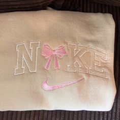 Available In Multiple Sizes Please Allow One Business Day To Process Sweaters Nike, Preppy Crewneck, Bday Wishlist, Bow Sweater, Nike Sweater, Cute Fits, Pink Bow, Sweaters For Women, Crew Neck