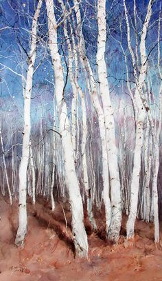 a painting of white trees in the woods