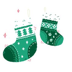 two green socks with trees on them and snowflakes flying around the stockings are drawn by hand