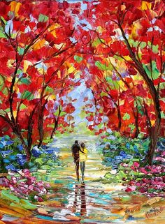 a painting of two people walking down a path with red trees and flowers on either side