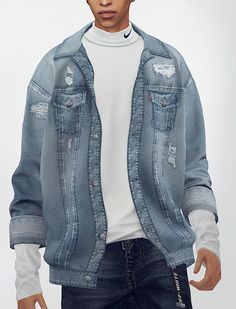 a young man wearing a jean jacket and white t - shirt