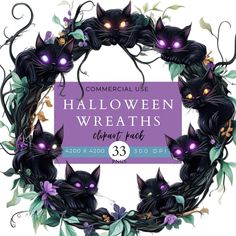 halloween wreath with black cats and purple eyes