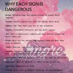 a pink and blue background with the words,'why each sign is dangerous '