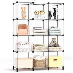 an iron shelving unit with several shelves and bins on each side, holding various items