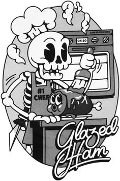 a cartoon skeleton cooking in front of an oven with the words ghost ham on it