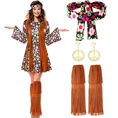 PRICES MAY VARY. What you get: this hippie costume accessories set includes peace sign earrings, peace sign necklace, flower headband, flower dress, ankle socks with tassels, suitable set for 60s 70s theme party or show, 5 pieces can meet your different needs Reliable to use: dress, socks, and headband are made by polyester, fringe design which is attractive and stylish, suitable for people of different ages, you can choose the suitable size for yourself Stylish style: 70s outfits for casual and Hippie Costume Halloween, Hippie Halloween, Plus Size Halloween Costume, 70s Outfits, Disco Dress, Hippie Costume, Hippie Look, Hippie Girl, Vintage Hippie