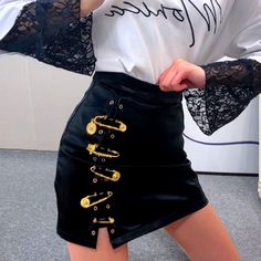 So Chic In This Pleather Mini Featuring Gold Safety Pin Hardware Detail, Hidden Back Zipper, And Fully Lined Color: Black Sizes: Small, Medium, Large *Quality Is Amazing* Safety Pin Skirt, Safety Pin Dress, Pin Dress, Outfits Skirt, Pu Leather Skirt, Baby Tees Y2k, Skirt Y2k, Leather Mini Skirts, Safety Pin