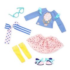 the doll is dressed in blue and pink