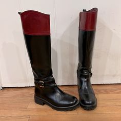 Worn Only A Handful Of Times For An Event. Cutest Riding Boots That Can Be Worn With Jeans, Leggings, And Dresses. Tory Burch Riding Boots, Flat Riding Boots, Jeans Leggings, And Dresses, Moto Boots, Tory Burch Shoes, Riding Boots, Knee Boots, Black Red