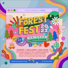 the festival poster for forest fest, which features an image of colorful trees and flowers