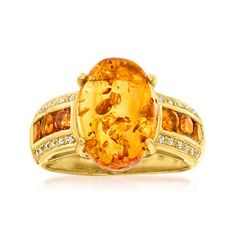 Ross-Simons - Amber Ring, .50ct t.w. Citrines, White Topaz Accents Over Sterling. Size 9. Sweet sunset hues give this ring a beautiful ordonnance. At the center, a honey-hued 14x10mm oval amber cabochon captures your attention, elevated at each side by .50 ct. t.w. round citrines and finished with the icy glow of white topaz accents. Set in polished 18kt yellow gold over sterling silver. 1/2" wide. Citrine and amber ring. Citrine birthstones are the perfect gift for November birthdays. Amber Ring Engagement, Amber Rings, Citrine Birthstone, Jewelry Presentation, Sunset Hues, Engagement Ring Ideas, Orange Stone, Ring Inspiration, Topaz Color