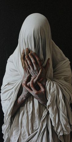 a person covered in white cloth covering their face and hands with both hands wrapped around them