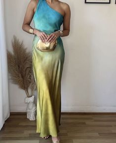 Asymmetrical Collar, Gown Pictures, Satin Texture, Gradient Print, Office Dresses For Women, Tie Dye Maxi Dresses, Dye Dress, Tie Dye Maxi, Tie Dye Dress