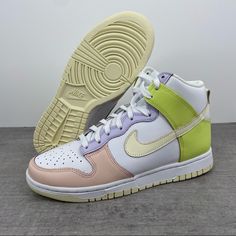 Nike Dunk High 'Lemon Twist' Sneakers Women's Size 7.5 Lemon/White/Cashmere Dd1869-108 Brand New With Box Pastel Nike Lace-up Sneakers, Green High-top Sneakers With Medium Fit, Green High-top Sneakers Medium Fit, Green High-top Sneakers, Nike Cream Mid-top Sneakers, Pastel Sneakers With Rubber Sole For Streetwear, Cream Sneakers With Boost Midsole And Round Toe, Nike Cream High-top Sneakers With Gum Sole, Cream Sneakers With Round Toe