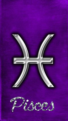 the zodiac sign pisces on a purple background with silver letters and an astrological symbol