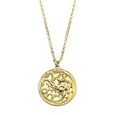 Treat the Game of Thrones fan on your list to this House Of Dragon Targaryen sigil necklace. Treat the Game of Thrones fan on your list to this House Of Dragon Targaryen sigil necklace.Click on this JEWELRY & WATCHES GUIDE to learn about fit, styles, materials and more! Chain length: 18 in. Chain type: gold tone stainless steel rolo Metal: alloy Plating: gold tone Finish: textured Nickel free Packaging: boxed Size: 18". Gender: female. Age Group: adult. Gold Fantasy Jewelry, Gold Dragon Necklace, House Of The Dragon Jewelry, Targaryen Jewelry, Targaryen Necklace, House Of The Dragon Targaryen, Family Crest Necklace, House Targaryen Sigil, Sigil Necklace