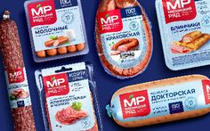 an assortment of meats and sausages are displayed on a blue background with the words mip in russian