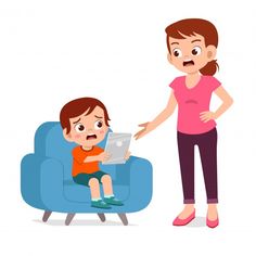 a woman is talking to a child who is sitting on a chair and holding a laptop