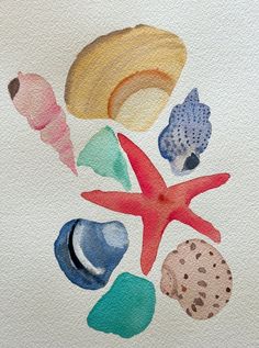 watercolor painting of seashells and starfish on white paper