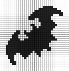 A pixel art template of a silhouette of a bat. Pixel Art Graphing Paper, Halloween Crochet Pixel Grid, Halloween Pixel Art Wallpaper, Pixel Art Grid Halloween, Pentagram Pixel Art, Tapestry Crochet Patterns Halloween, Halloween Pixel Art Pattern, Halloween Pixel Grid, Punk Pixel Art