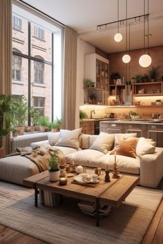 a living room filled with furniture next to a large window covered in plants and potted plants