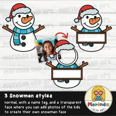 three snowman styles with frames and photos to make them look like they are wearing santa hats