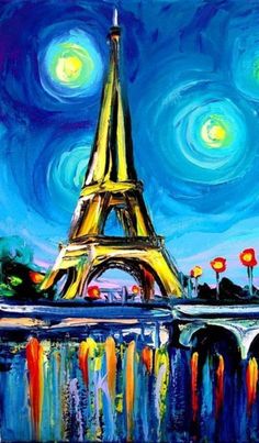 the eiffel tower in paris is painted on a blue background with yellow lights