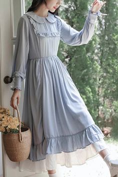 Fabric: Polyester Color: Blue Collar: Doll Collar Sleeve Length: Long Sleeves Feature: Ruffle Style: Sweet, Elegant, Princess Include: Dress*1 (Any of the acce Late 1800s Dresses, Late 1800s Fashion, Dream Daughter, 1800s Dresses, Princess Style Dress, Grad Outfits, Purple Corset, 1800s Fashion, Doll Collar