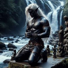 a man with white hair and black skin sitting on a rock next to a waterfall